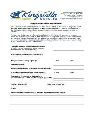 Fillable Online Kingsville Delegation To Council Request Form This Form