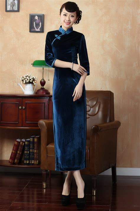 Traditional Long Velvet Cheongsam Dress Blue Qipao Cheongsam