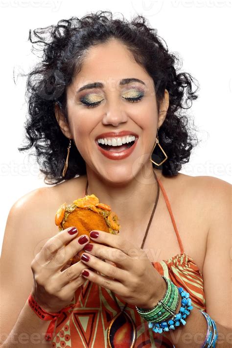 Beautiful Brazilian Brunette With Her Acaraje On Different Backgrounds
