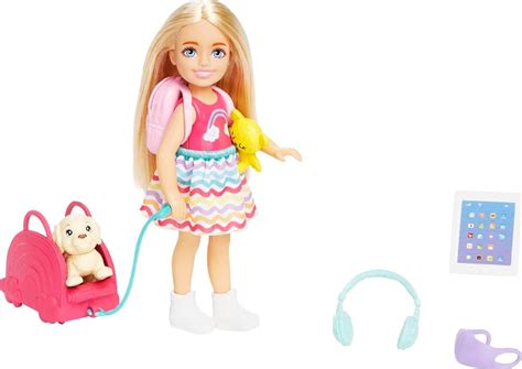 Barbie Chelsea Doll And 6 Accessories Travel Set With Puppy Pet Carrier