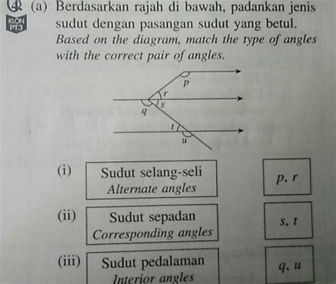 Solved A Berdasarkan Rajah Di Bawah Padankan Jenis Sudut Dengan