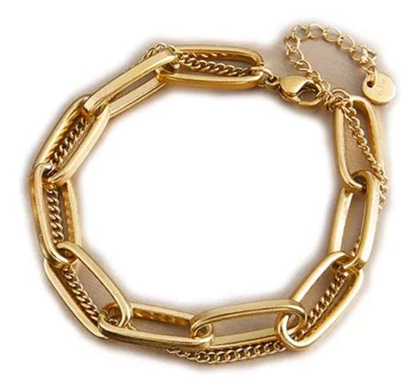 Pulsera Eslabones Doble Acero Inoxidable Chapado Oro K Meses Sin