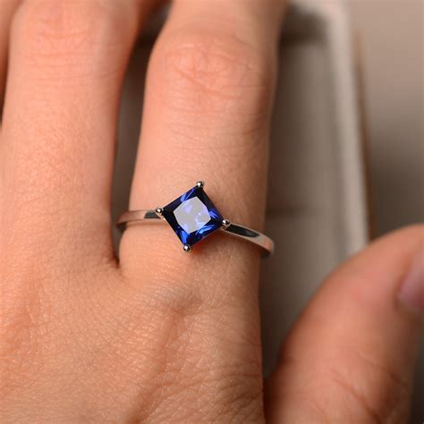 Lab Sapphire Ring Princess Cut Sapphiresilver Solitaire Etsy