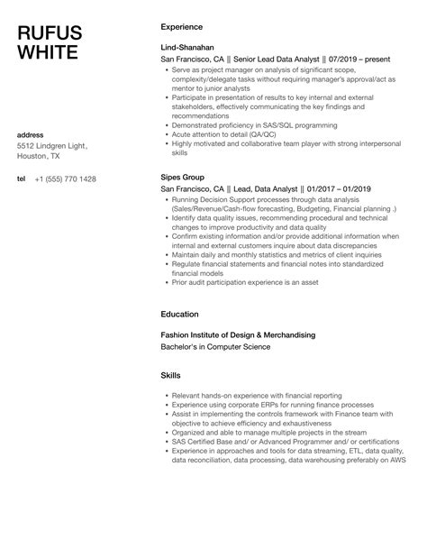 Lead Data Analyst Resume Samples Velvet Jobs