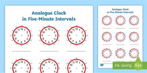 Analogue Clock In Five Minute Intervals Worksheet Twinkl