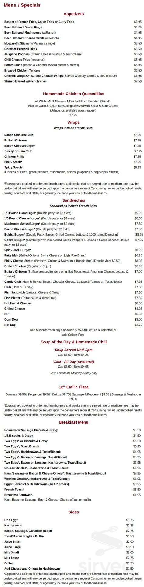 Menu Madison Wis Sundown Saloon Sirved