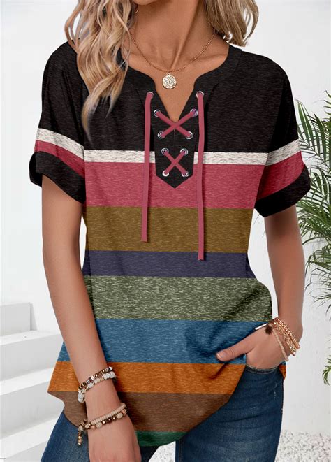 Patchwork Multi Color Short Sleeve Split Neck T Shirt Rosewe