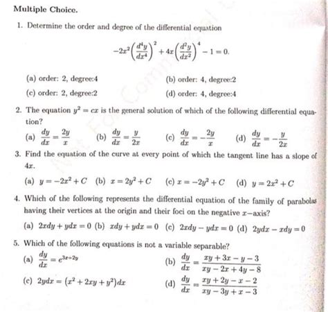 Solved Multiple Choice 1 Determine The Order And Degree Of