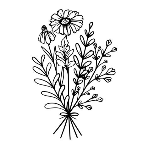 Simple vector drawing in black outline. Bouquet of wildflowers isolated on a white background ...