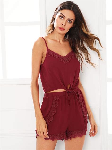 SHEIN Knot Front Crochet Detail Cami Top With Shorts Pajama Set Short