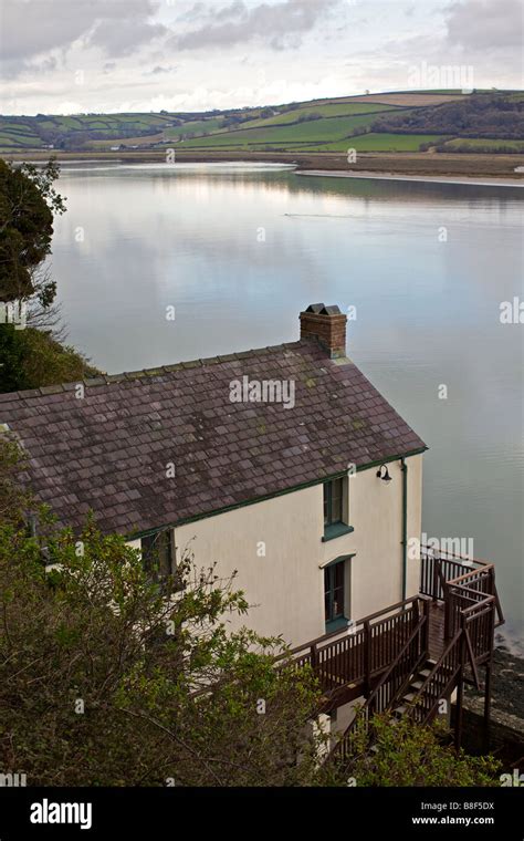 Dylan Thomas Boat House On The Taf Estuary At Laugharne In Wales Stock