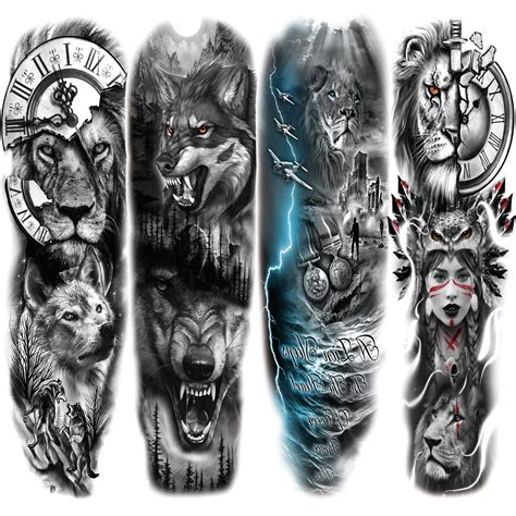 Large Lion Wolf Temporary Tattoo Sleeve - Full Arm Tribal Fake Tattoos ...