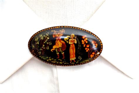 Vintage Russian Laquered Brooch Hand Painted Large Black Etsy Canada