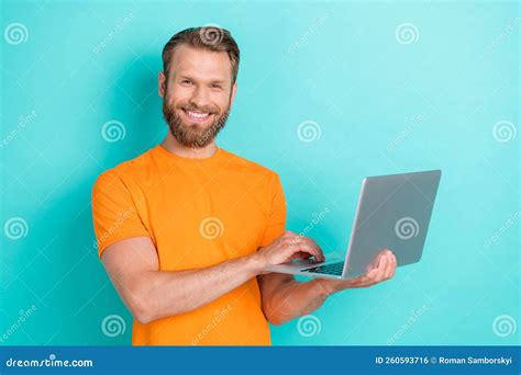 Portrait Of Handsome Positive Glad Guy With Blond Hairdo Wear Orange T