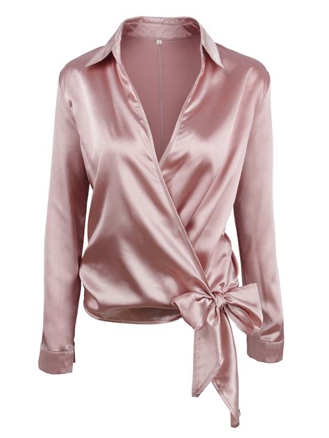 Shop Satin Knotted Hem Surplice Blouse Online Shein Offers Satin