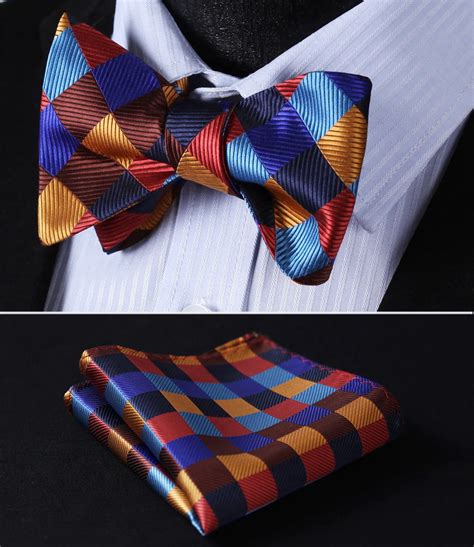 Pocket Square Classic Party Wedding Bc703ns Orange Blue Check Bowtie Men Silk Self Bow Tie