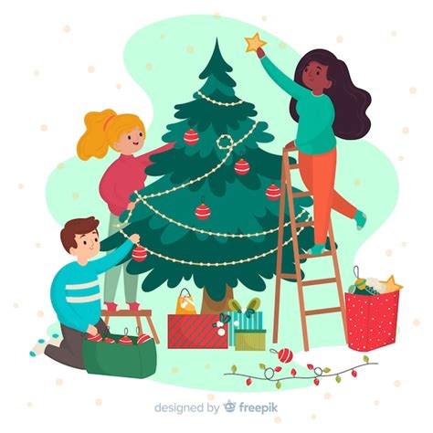 Amigos decorando el árbol de navidad Vector Gratis