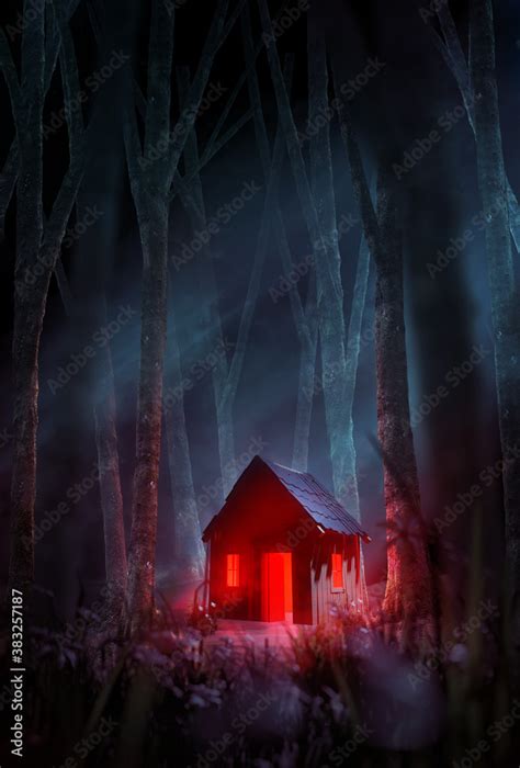 A creepy cabin in the woods, with a red light glowing through the door and windows set in a ...