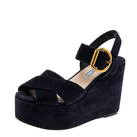 Prada Navy Blue Suede Criss Cross Platform Ankle Strap Sandals Size