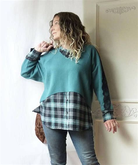 Sweatshirt W Flannel Artsy Tunic Teal Green Size XL 1X Plaid Flannel