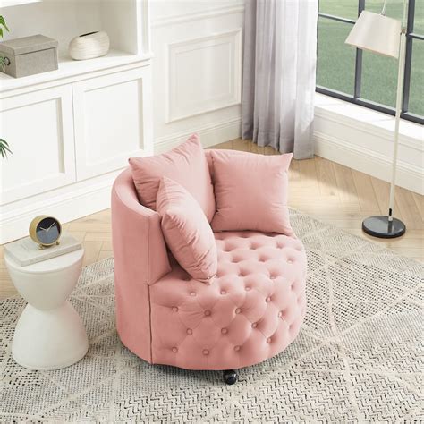 Modern Velvet Upholstered Swivel Chair With Button Tufted Design And Movable Wheelsincluding 3