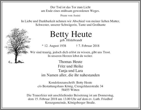 Traueranzeigen Von Betty Heute Trauer In Nrw De