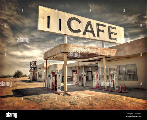 Vintage Treatment Of Abandoned Cafe And Gas Station In The Mohave