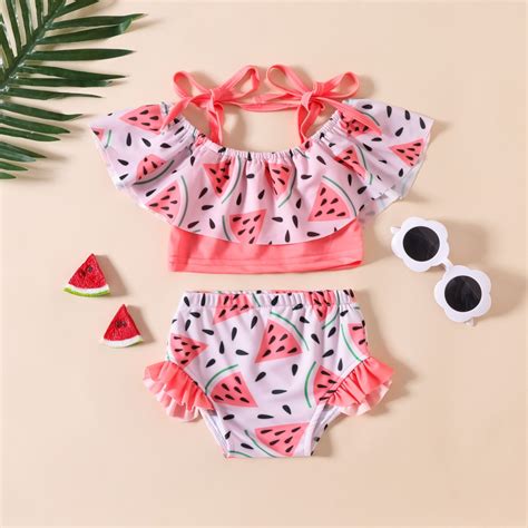 Girls Swimsuit Red Suspender Bikini Watermelon Pattern Ruffle Two