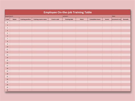 Excel Of Red Employee On The Job Training Table Xlsx Wps Free Templates