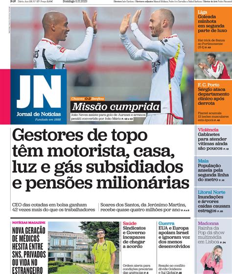 Jornal De Not Cias Capa Da Edi O De Domingo De Novembro