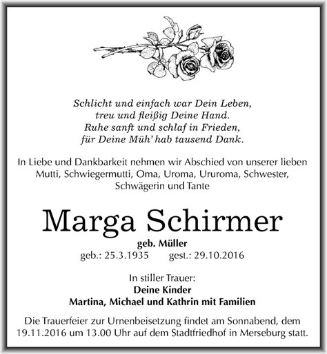 Traueranzeigen Von Marga Schirmer Abschied Nehmen De