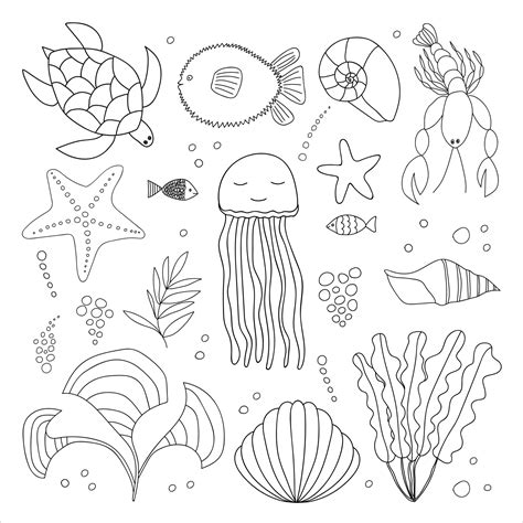 Big sea animals set. Vector sealife colouring page. Hand drawn doodle ...