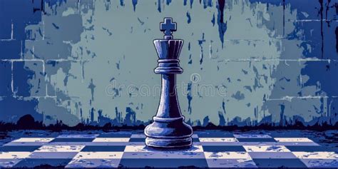 Pixel Art Chess King Standing On Checkerboard In Front Of Grunge Wall