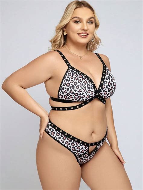 Plus Leopard Print Studded Detail Cut Out Lingerie Set Shein