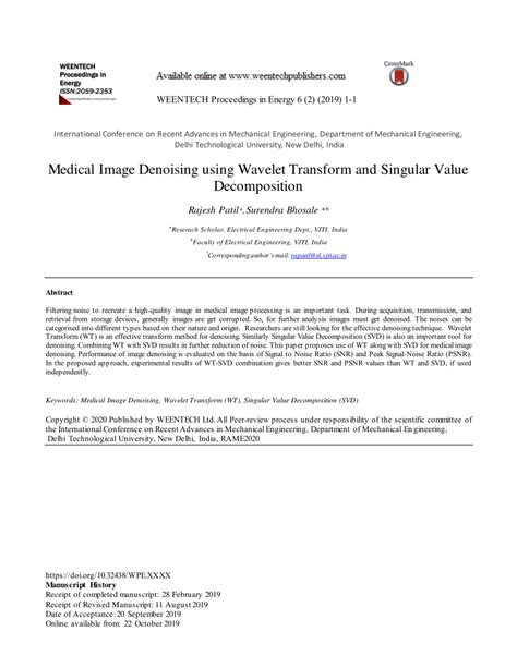 Pdf Medical Image Denoising Using Wavelet Transform And Singular