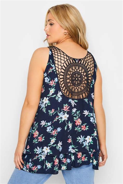 Plus Size Navy Blue Floral Crochet Back Vest Top Yours Clothing