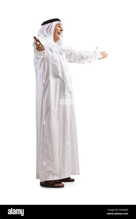 Full Length Profile Shot Of An Excited Mature Arab Man In A Robe With