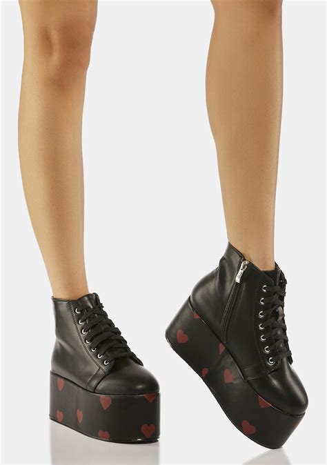 Vegan Leather Lace Up Heart Print Platform Ankle Boots Black Red