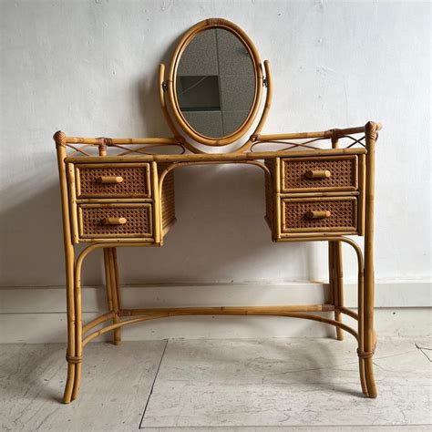 Cane And Bamboo Dressing Table With Oval Mirror For Sale At Pamono