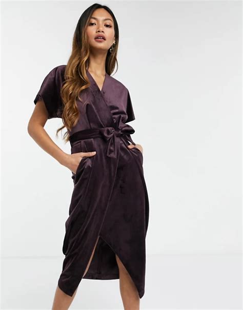 Closet London Kimono Sleeve Velvet Midi Dress With Wrap Tie In Plum