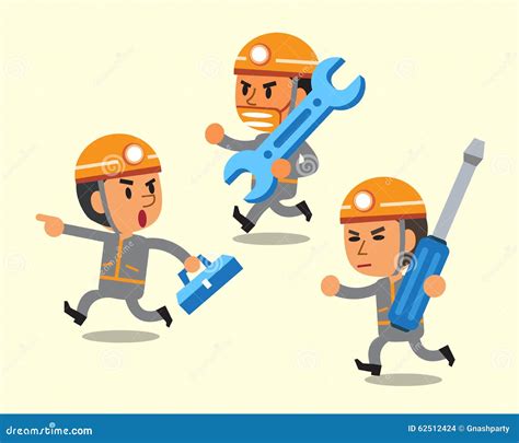 Cartoon Technician Character Poses Set Vector Illustration