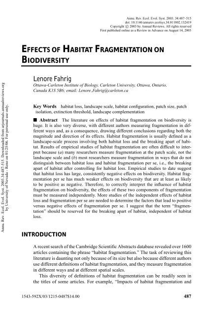 Fahrig L 2003 Effects Of Habitat Fragmentation On Biodiversity