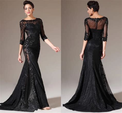 Elegant Free Shipping Custom Made Black Lace Mermaid Prom Gowns Long Sleeve Evening Dresses In