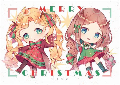 2girls Blonde Hair Blue Eyes Boots Bow Braids Brown Hair Chibi Christmas Dress Green Eyes Horns