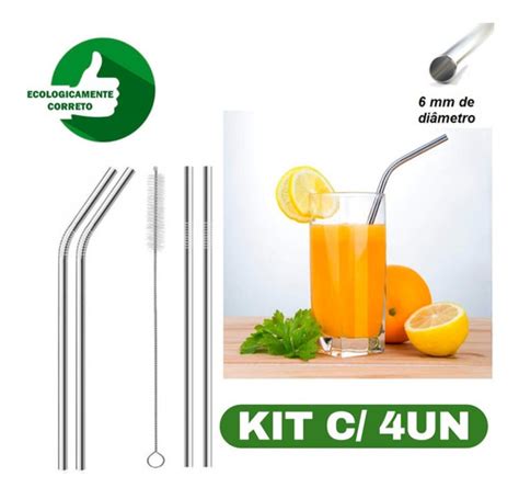 Kit Canudos Aco Inox Reto E Curvo Escova Reutiliz Vel