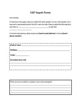 IEP Parent Input Form By Mattelin McReynolds Teachers Pay Teachers