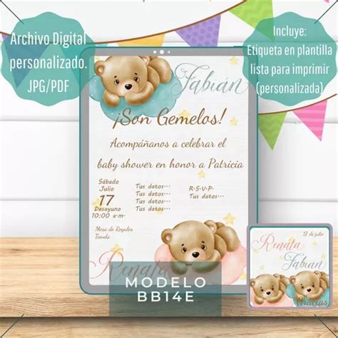 Invitación Digital Baby Shower Gemelos Gemelas Osos en venta en