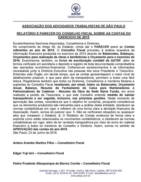 Relatório Do Conselho Fiscal Sobre As Contas Do Exercício De 2015 Aatsp