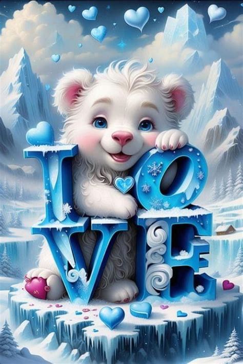 A Painting Of A Polar Bear Holding The Word Love