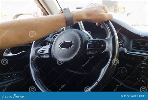 Male Driver S Hand On Steering Wheel Stock Photo Image Of Road